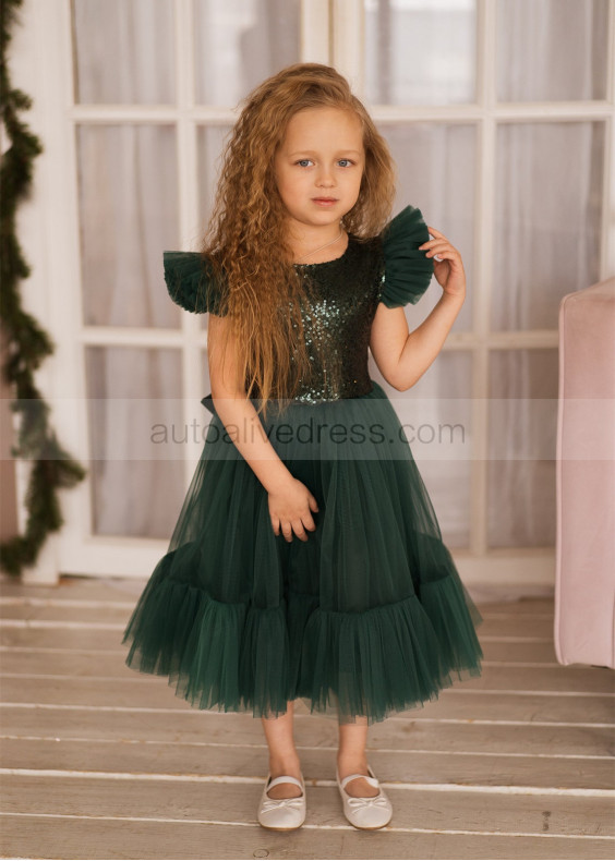 Feifei Sleeves Emerald Sequin Tulle Chic Flower Girl Dress